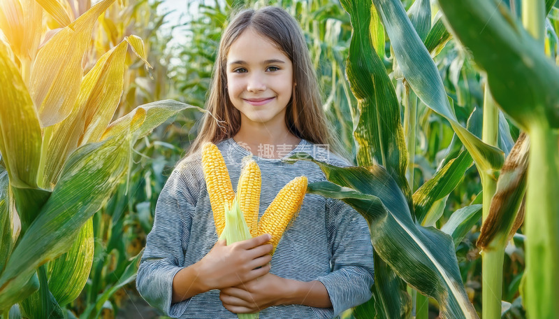 高清大图下载【趣麦麦图】女孩于玉米田中捧持新鲜玉米童真户外乡村