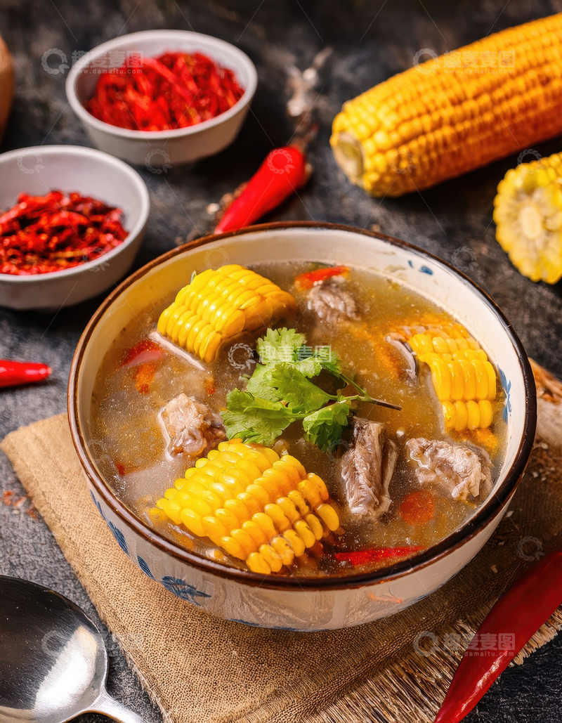 高清大图下载【趣麦麦图】碗装玉米炖排骨及周边食材