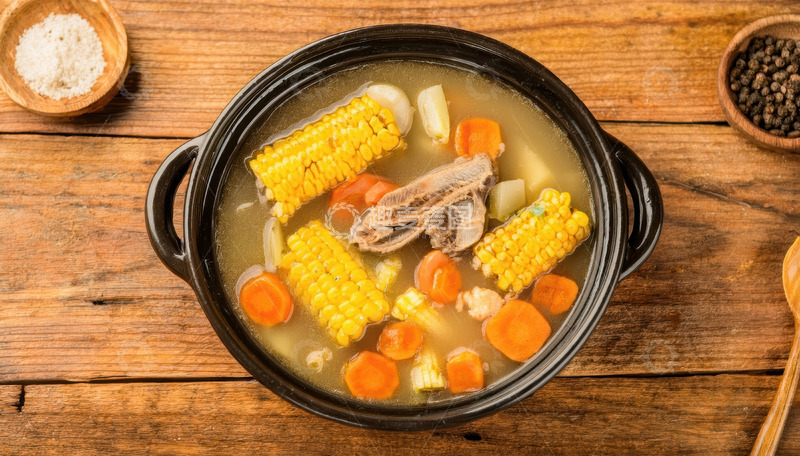 高清大图下载【趣麦麦图】木桌上砂锅里的玉米炖菜