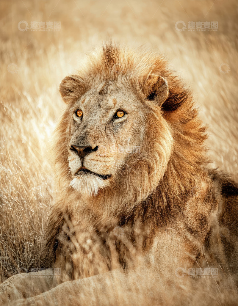 高清大图下载【趣麦麦图】雄狮卧于枯草间展威严之态