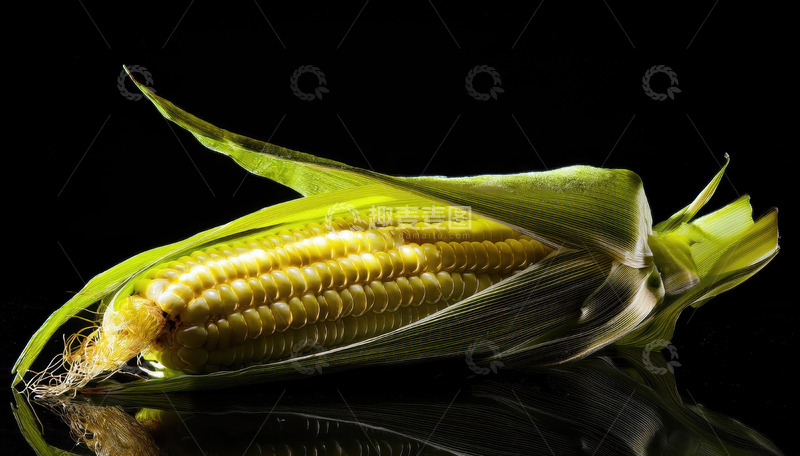 高清大图下载【趣麦麦图】黑背景下带绿皮的单根玉米