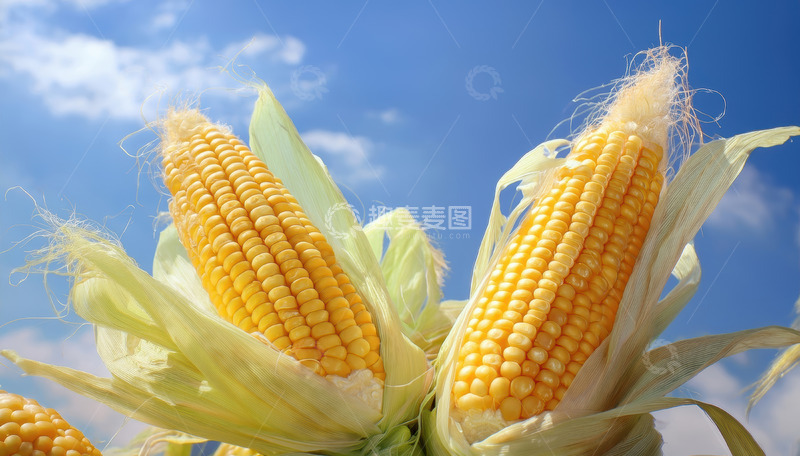 高清大图下载【趣麦麦图】蓝天背景下带皮的成熟玉米