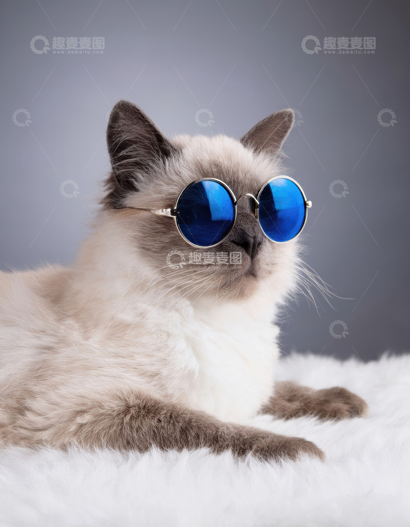 高清大图下载【趣麦麦图】戴蓝墨镜猫咪的酷炫慵懒姿态
