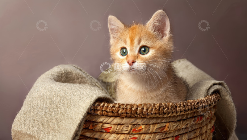高清大图下载【趣麦麦图】橘色幼猫篮中探头满是萌态