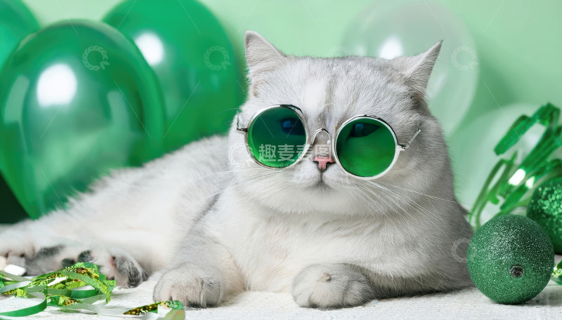 高清大图下载【趣麦麦图】戴绿镜白猫的节庆萌态