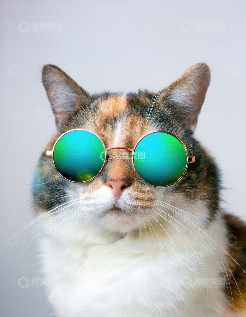 高清大图下载【趣麦麦图】戴绿墨镜三花猫的俏皮时尚瞬间