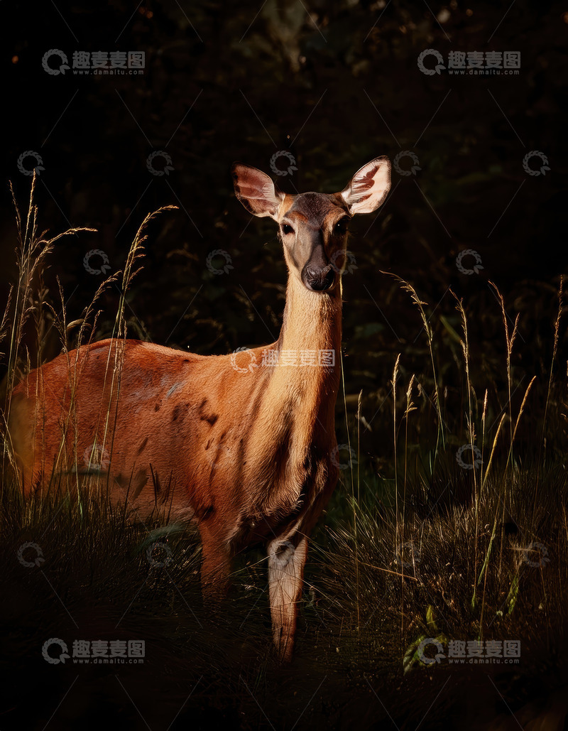 高清大图下载【趣麦麦图】暗林草丛中被光笼罩的鹿
