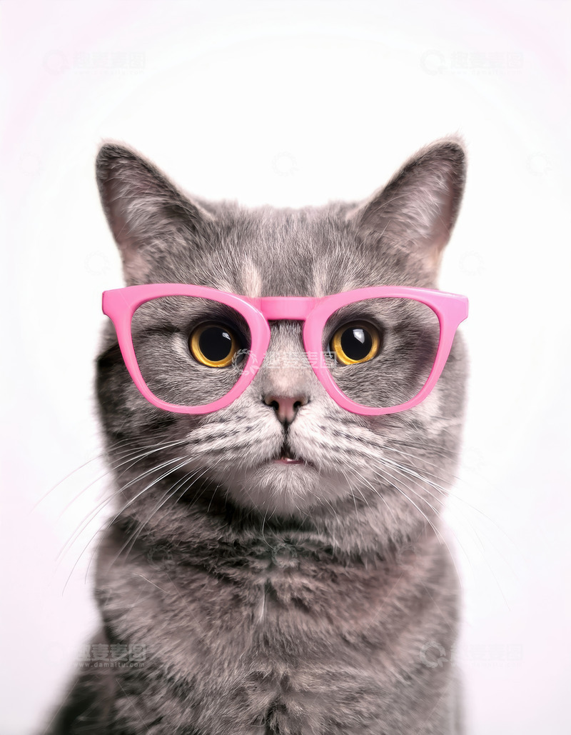 高清大图下载【趣麦麦图】戴粉框眼镜灰猫的可爱时尚模样