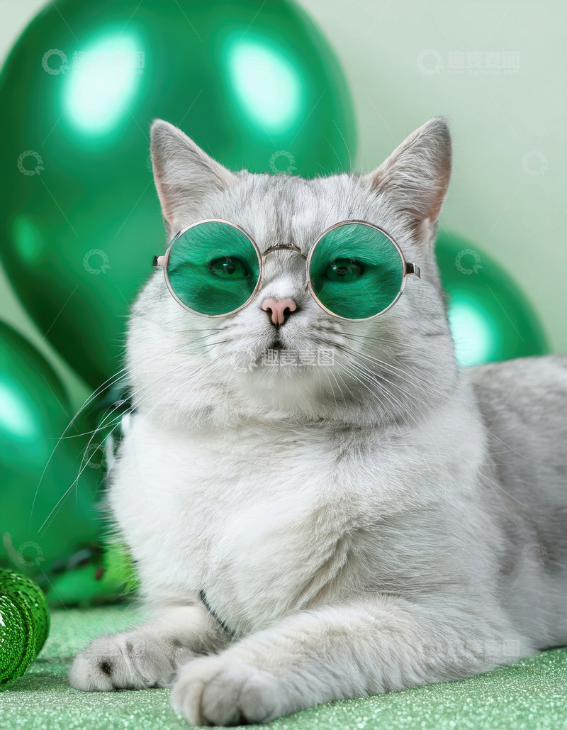 高清大图下载【趣麦麦图】戴绿墨镜银灰猫的时尚萌趣瞬间