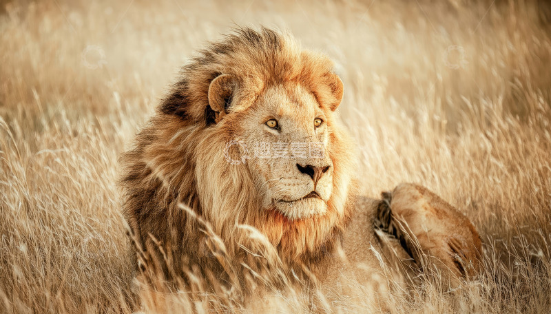 高清大图下载【趣麦麦图】雄狮静卧草原尽显野性魅力