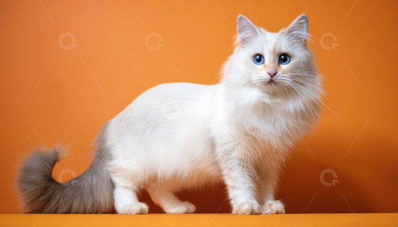 高清大图下载【趣麦麦图】白灰猫咪橘色背景前展优雅