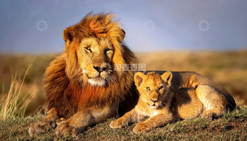 高清大图下载【趣麦麦图】雄狮与幼狮草原相伴温馨景