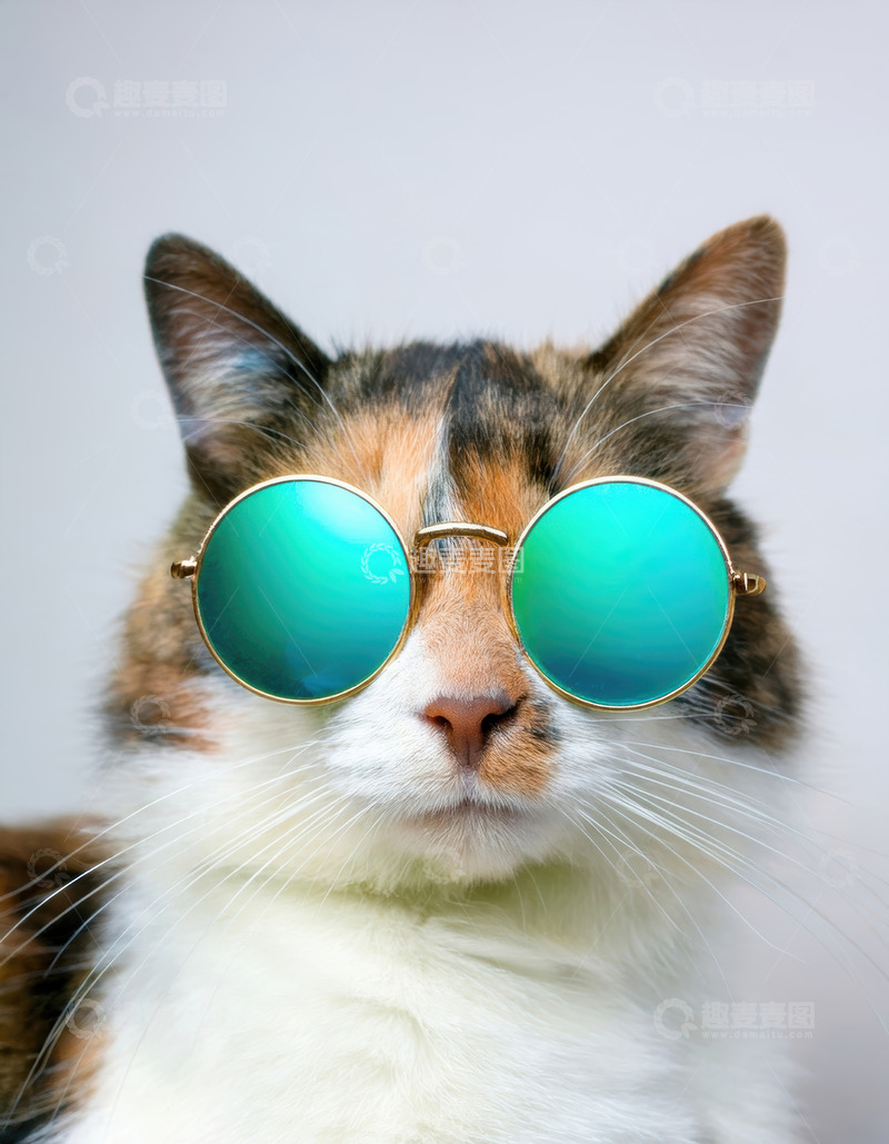 高清大图下载【趣麦麦图】戴绿墨镜三花猫的时尚萌态