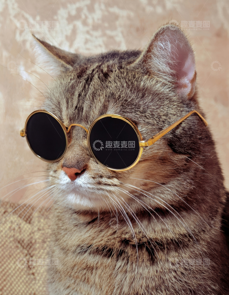 高清大图下载【趣麦麦图】戴金棕墨镜狸花猫的时尚酷感瞬间