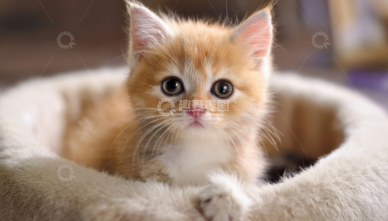 高清大图下载【趣麦麦图】橘白小猫窝中睁大眼睛萌态足