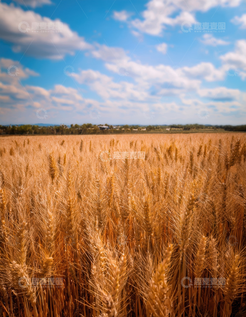 高清大图下载【趣麦麦图】蓝天白云下广袤的金黄麦田