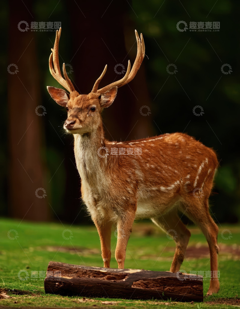 高清大图下载【趣麦麦图】绿草地上带角站立的斑点鹿