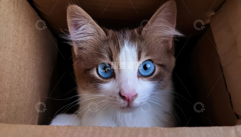高清大图下载【趣麦麦图】蓝眼萌猫躲在纸箱中