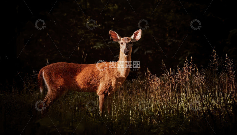 高清大图下载【趣麦麦图】暗夜草地中伫立的鹿