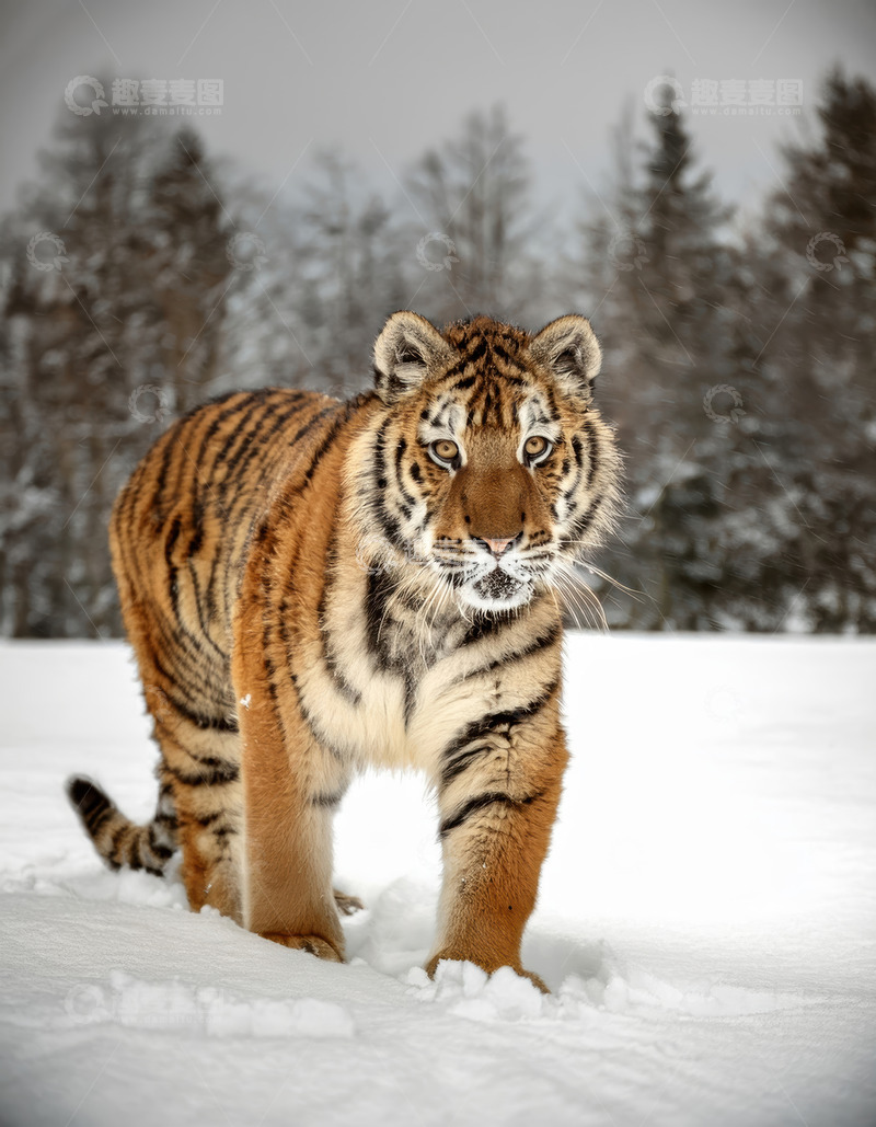 高清大图下载【趣麦麦图】雪地中行进的威猛老虎老虎白色冬季