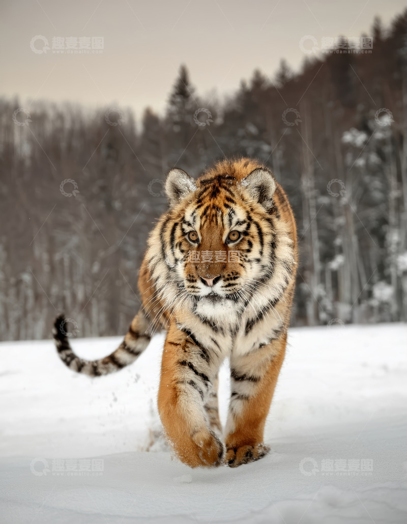 高清大图下载【趣麦麦图】雪地林间阔步的老虎