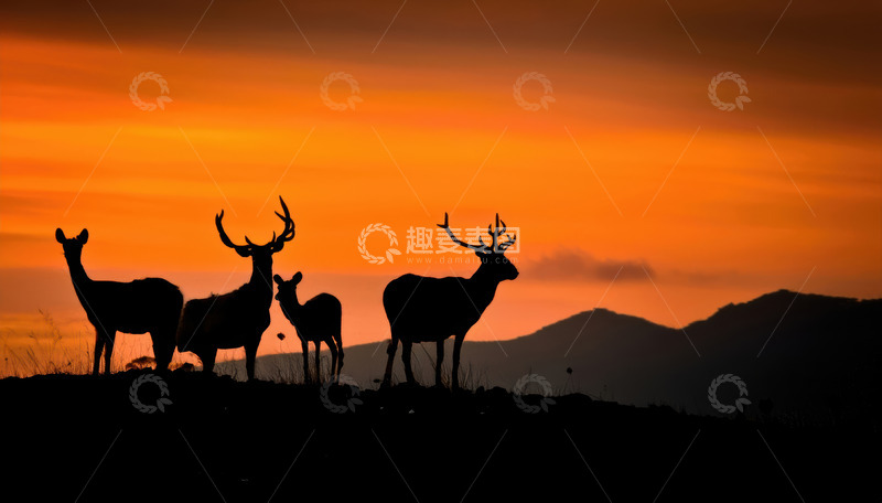 高清大图下载【趣麦麦图】夕阳下山坡上的鹿群剪影