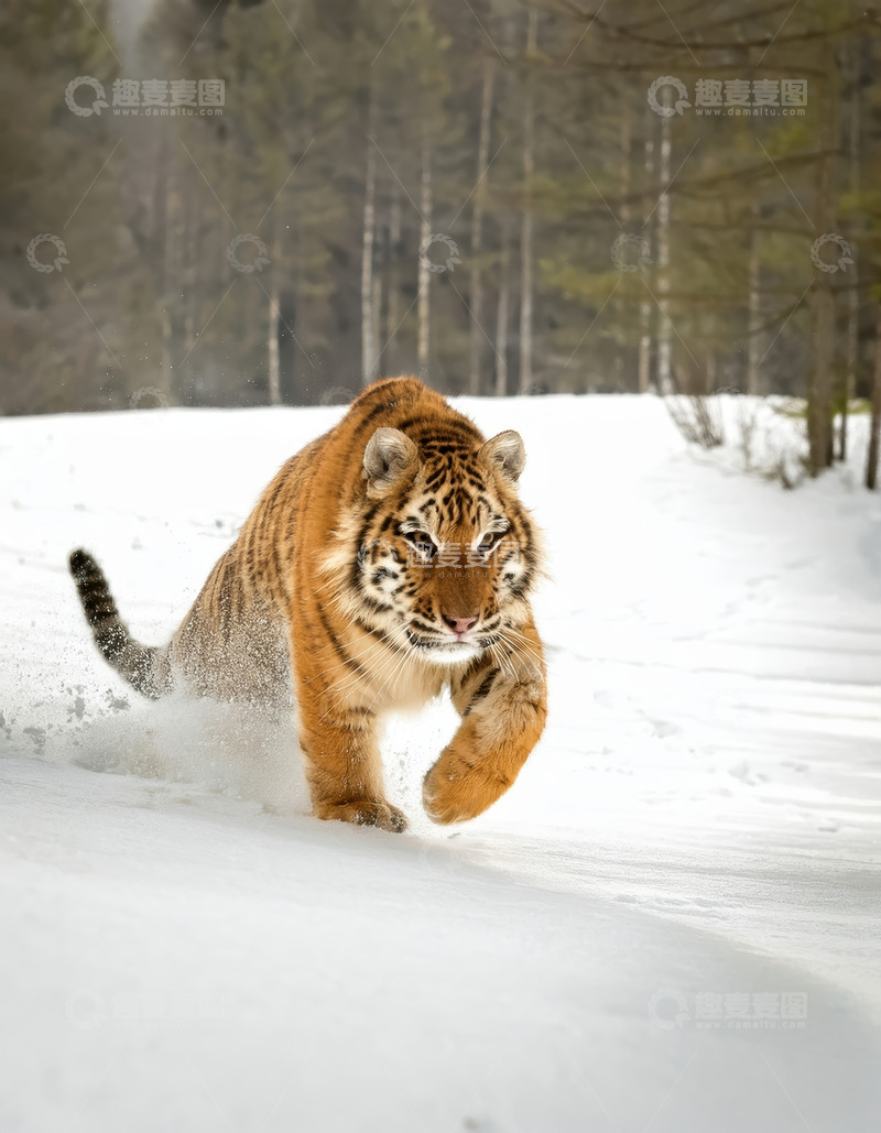 高清大图下载【趣麦麦图】雪地中奔跑的老虎