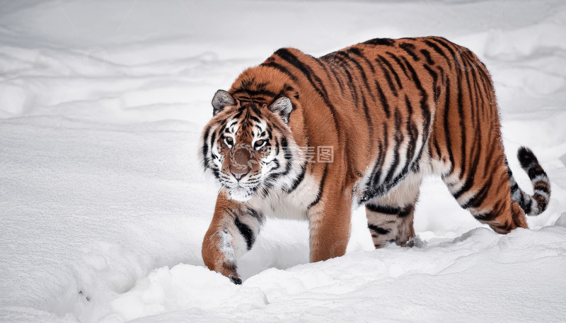 高清大图下载【趣麦麦图】雪地中前行的成年老虎
