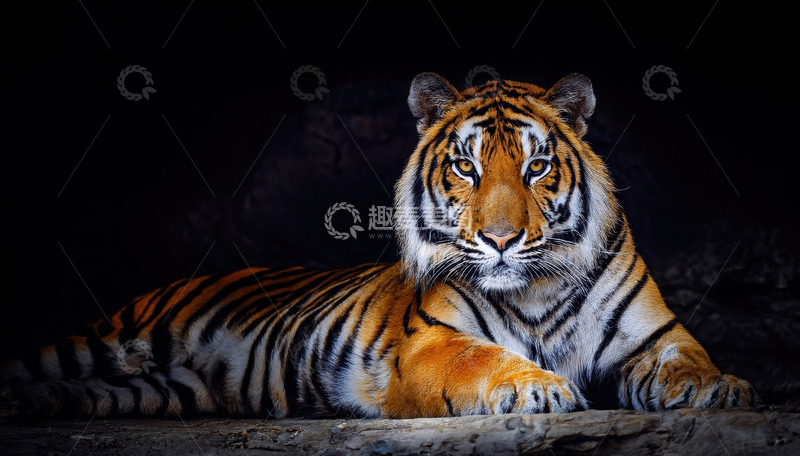 高清大图下载【趣麦麦图】暗境虎影：沉稳的休憩瞬间