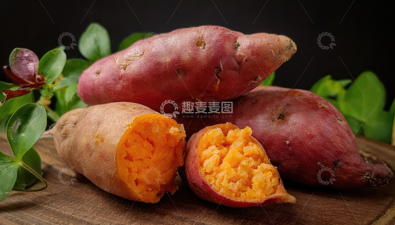 高清大图下载【趣麦麦图】木盘上红薯切面搭配绿叶