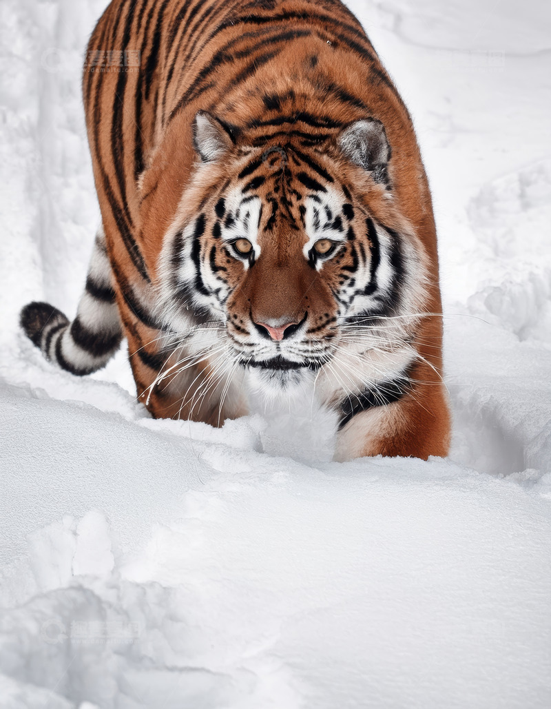 高清大图下载【趣麦麦图】雪地中稳步前行的老虎