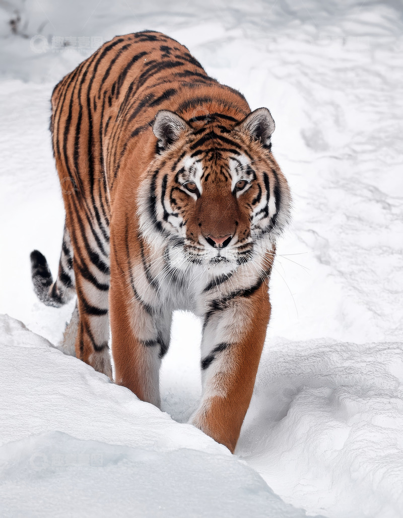 高清大图下载【趣麦麦图】雪地中行进的威猛老虎力量山林姿态