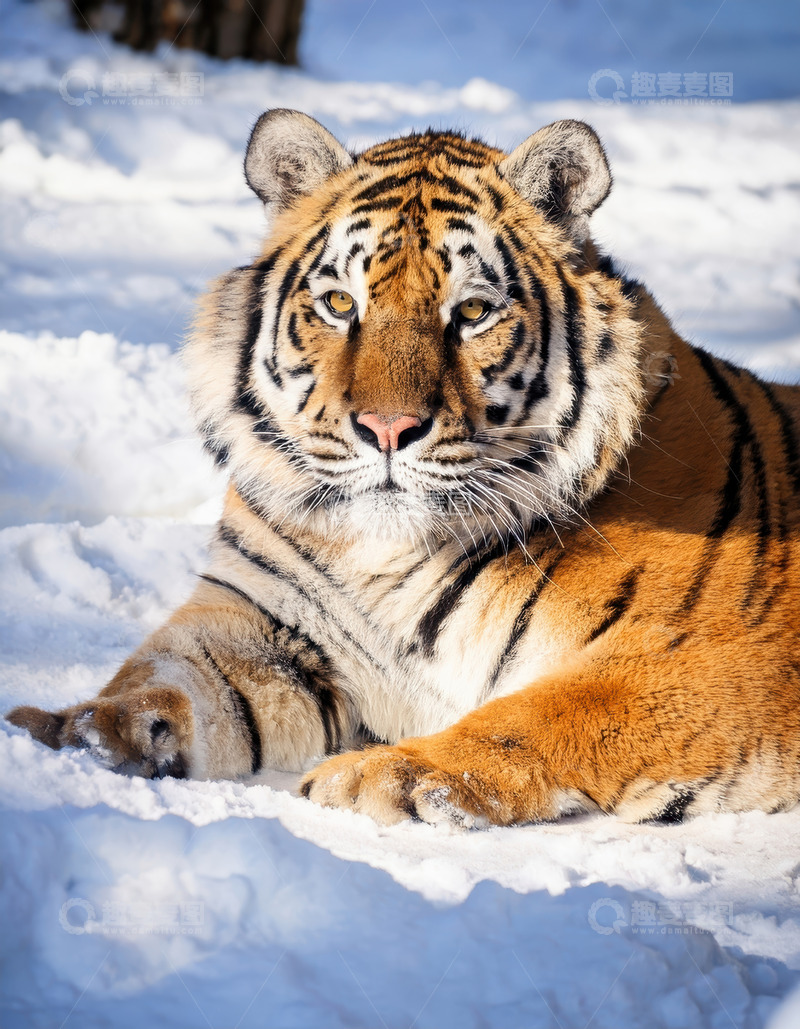 高清大图下载【趣麦麦图】雪地上静卧的成年老虎