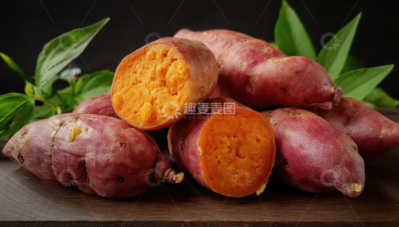 高清大图下载【趣麦麦图】木盘上红薯及其切面与绿叶