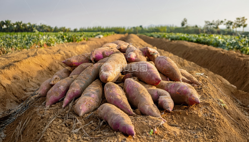 高清大图下载【趣麦麦图】田间土堆上的新鲜红薯