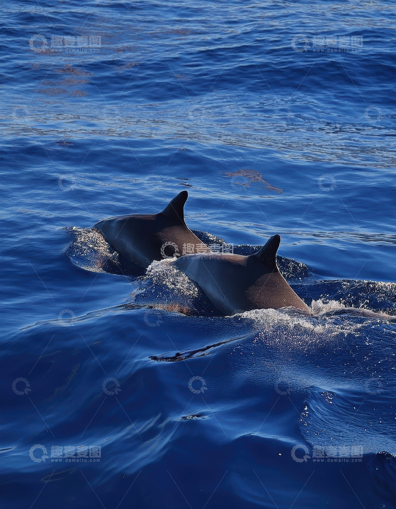高清大图下载【趣麦麦图】蓝海上双海豚并肩游弋之景