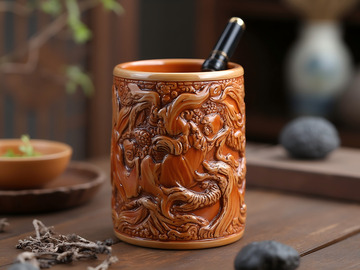 清乾隆仿生瓷木纹笔筒  