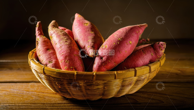高清大图下载【趣麦麦图】木桌竹篮中摆放的新鲜红薯