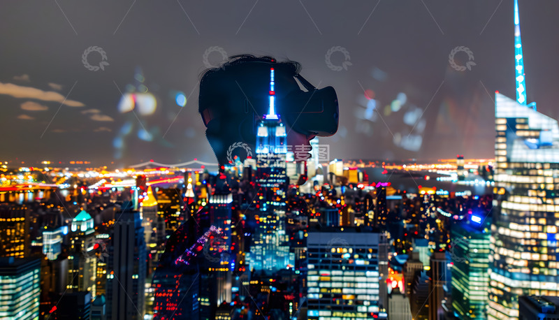 高清大图下载【趣麦麦图】城市夜景映照VR眼镜人物1