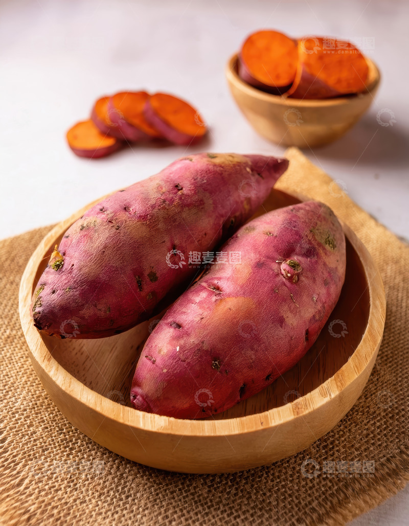 高清大图下载【趣麦麦图】木碗麻布上的新鲜红薯及切片