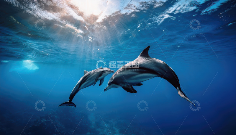 高清大图下载【趣麦麦图】深海中双海豚迎光共舞画面