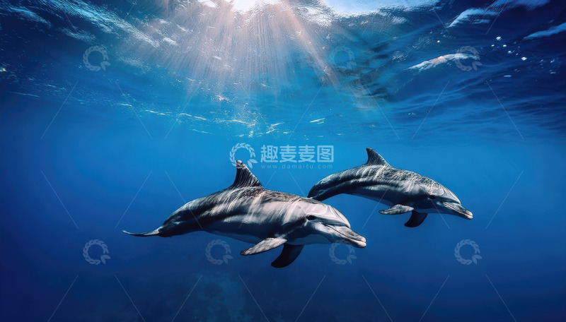 高清大图下载【趣麦麦图】深海中双海豚沐光同游景致深海蓝色光线