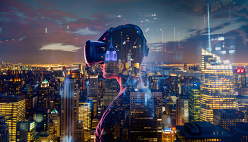 城市夜景映照VR眼镜人物