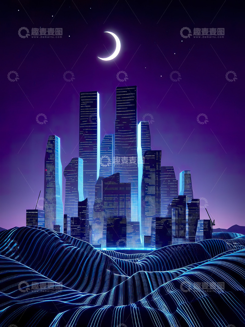 高清大图下载【趣麦麦图】赛博朋克科技线条城市插画3