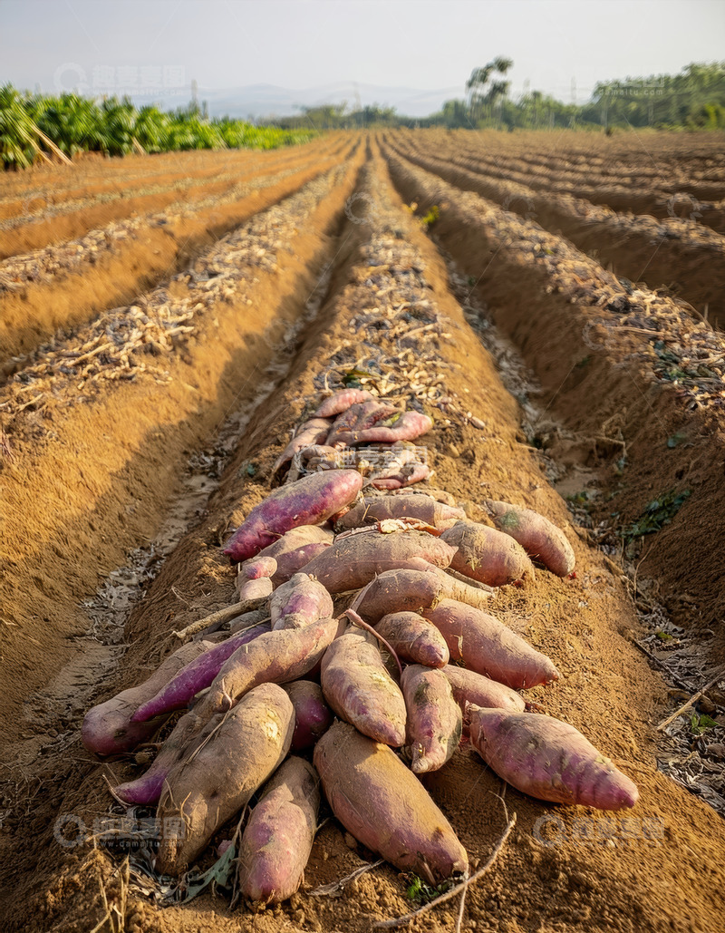 高清大图下载【趣麦麦图】田间垄上刚收获的新鲜红薯紫色种植薯类