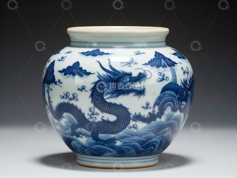 高清大图下载【趣麦麦图】明宣德青花海水龙纹罐 