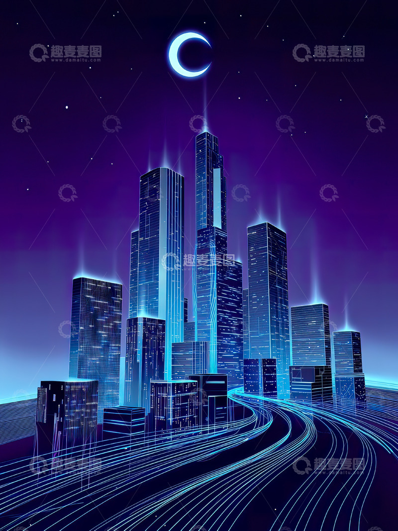 高清大图下载【趣麦麦图】赛博朋克科技线条城市插画17