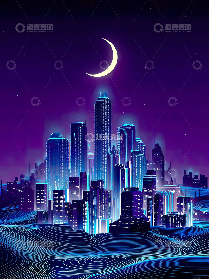 高清大图下载【趣麦麦图】赛博朋克科技线条城市插画19