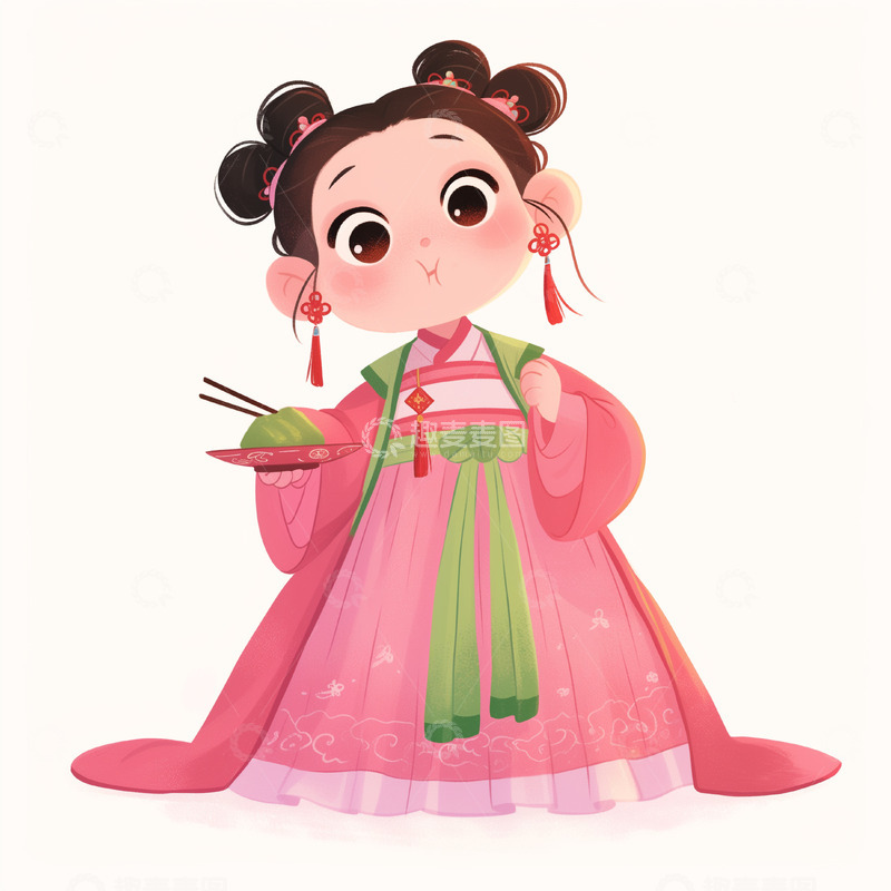 高清大图下载【趣麦麦图】清明节汉服女孩吃青团可爱插画