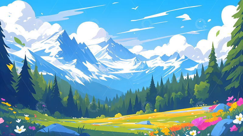 高清大图下载【趣麦麦图】户外冰山草地野花蓝天白云自然风景插图1